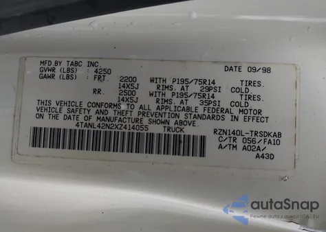 1999 Toyota Tacoma из США, поврежденный, VIN 4TANL42N2XZ414055